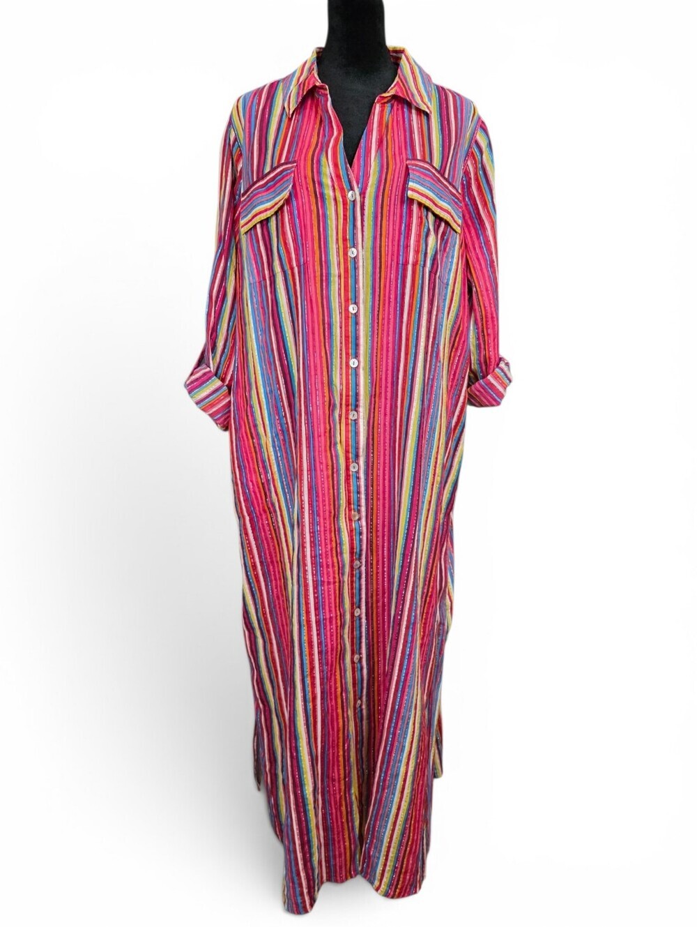 Soft Surroundings Striped Metallic Caftan Shirt Dress Maxi PXL Boho Beach Resort